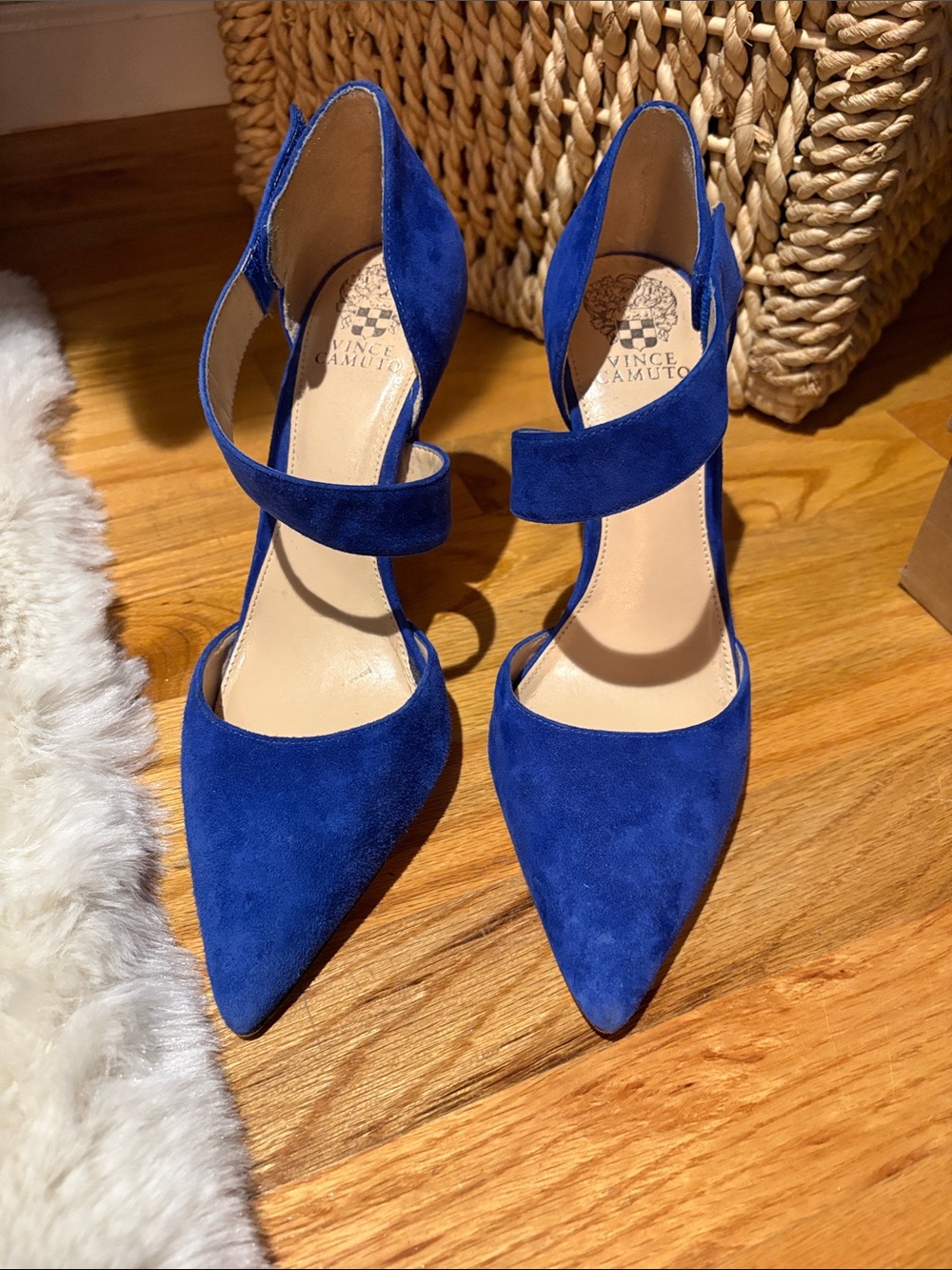 Vince Camuto Cobalt Blue Suede Pointed-Toe Ankle-Strap Heels